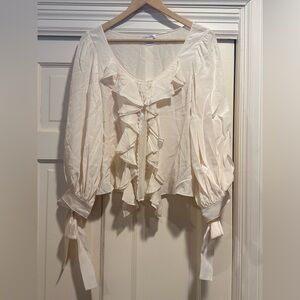Oscar de la Renta Cream Silk Ruffle Blouse